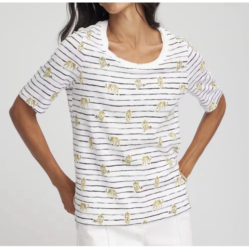 Chicos Elbow Sleeve Tee Shirt Top Slub Cotton Tigers Stripes Sz 0 Sm Casual